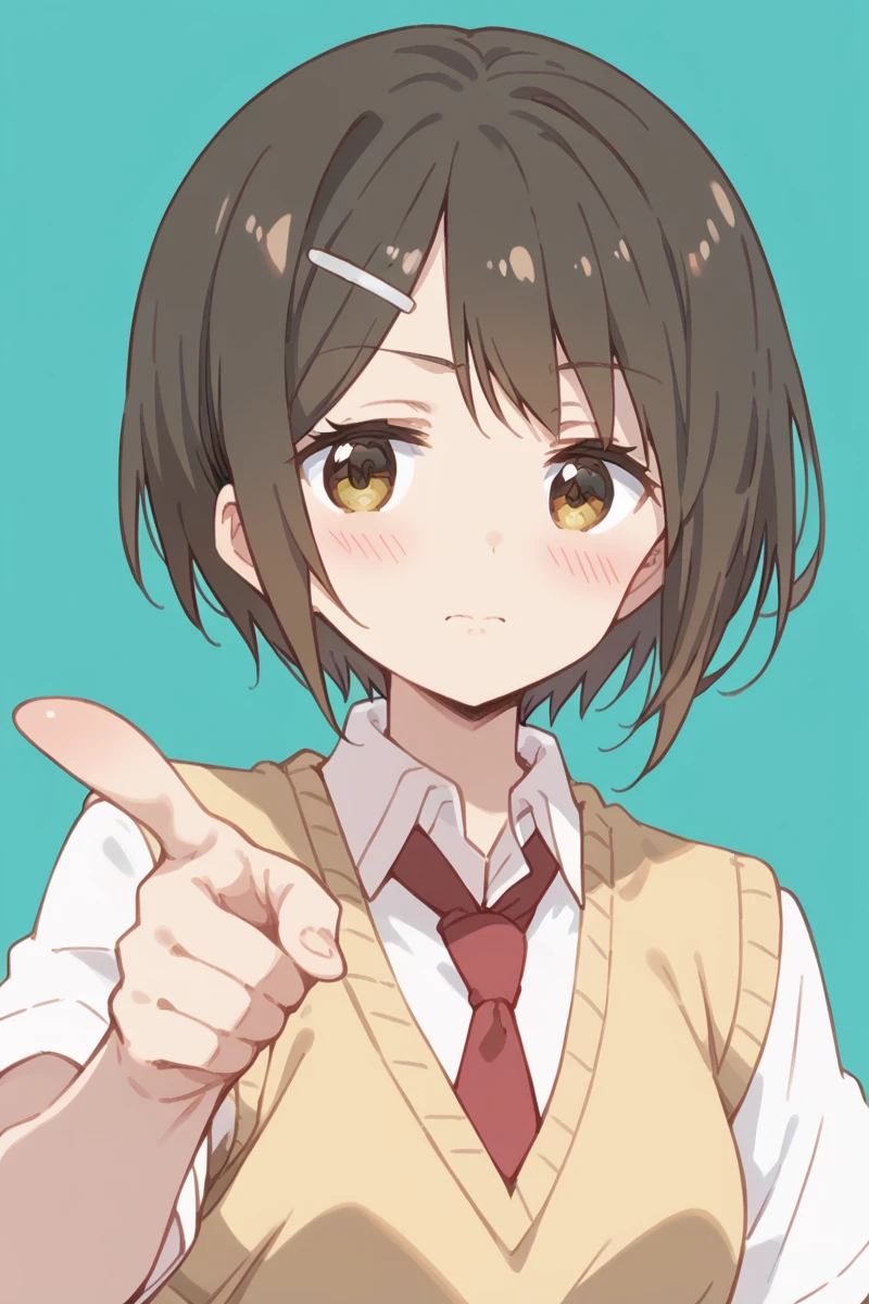 score_9, score_8_up, score_7_up, score_6_up,
 <lora:Kaede_Ikeno:1> kaede, 1girl, solo, necktie, hair ornament, school uniform, short hair, sweater vest, hairclip, blush, brown hair, simple background, pointing, looking at viewer, brown eyes, green background