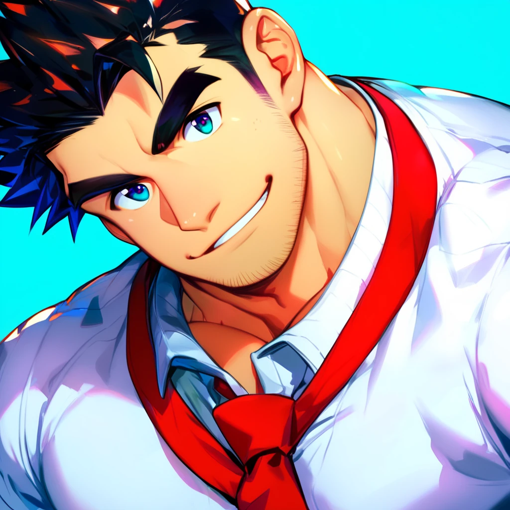 solo, looking at viewer, smile, short hair, shirt, black hair, 1boy, white background, white shirt, male focus, necktie, shoes, collared shirt, pants, muscular, facial hair, thick eyebrows, pectorals, muscular male, spiked hair, sneakers, bara, sleeves rolled up, large pectorals, sideburns, mature male, stubble, focus on face, portrait,

Uleezo Artstyle, Uleezo,
Best Quality, High Quality, Best Quality, Best Quality Face, pupils, anime face, human, High Quality V2, zPDXL2, xxxrating, perfecteyes, anatomy, ultra-detailed light, vibrant colors, (masterpiece), bara, normal skin color,
score_9, score_8_up, score_7_up, score_6_up, score_5_up, score_4_up, 