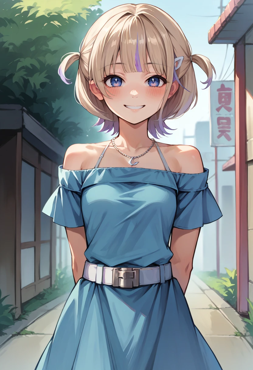 score_9, score_8_up, source_anime, 1girl, solo, TodorokiHajime, multicolored hair, short hair, two side up, hairclip, necklace, blue dress, off-shoulder, white belt, smile, arms behind back, blush, outdoors, <lora:ChamTodorokiHajimePonyXL:1>