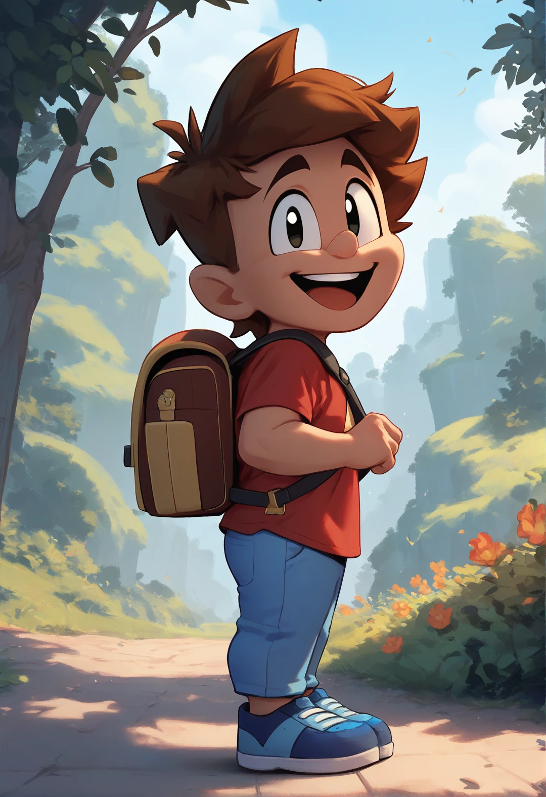 score_8, score_9 ,<lora:NAI3 Smooth Boys Style LoRA_Pony XL v6:0.5> , <lora:AJParker:1> ajparker, solo, brown hair, male focus, smile, red shirt, blue pants, full body,shortstack,black and blue shoes, far view, side view, happy face,standing,backpack, open mouth,looking at viewer,outside,