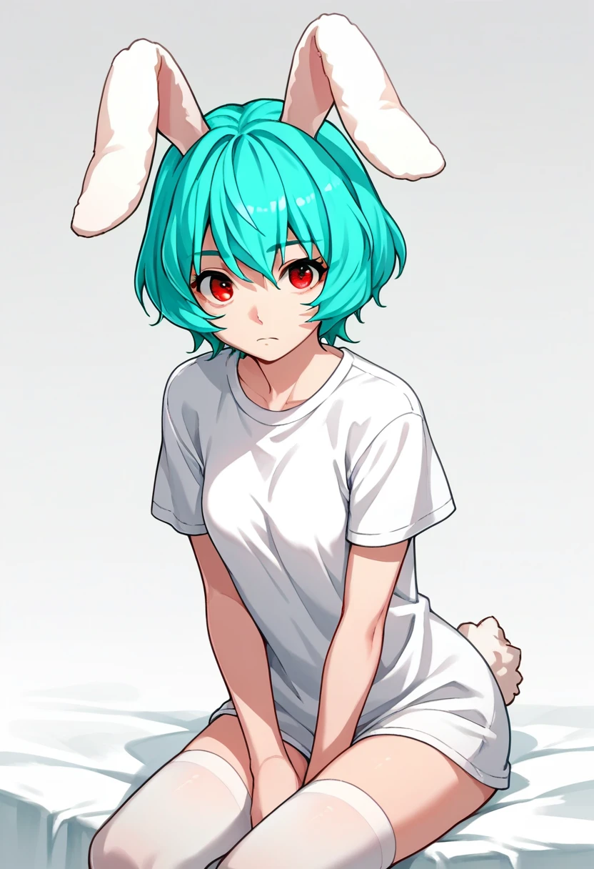 score_9, score_8_up, score_7_up, source_anime, chiester410, 1girl, solo, animal ears, rabbit ears, red eyes, aqua hair, short hair,  blue hair,  medium breast, <lora:Chiester410pony(2)-000003:1>,  thighhighs, naked lower body, t-shirt, large t-shirt,