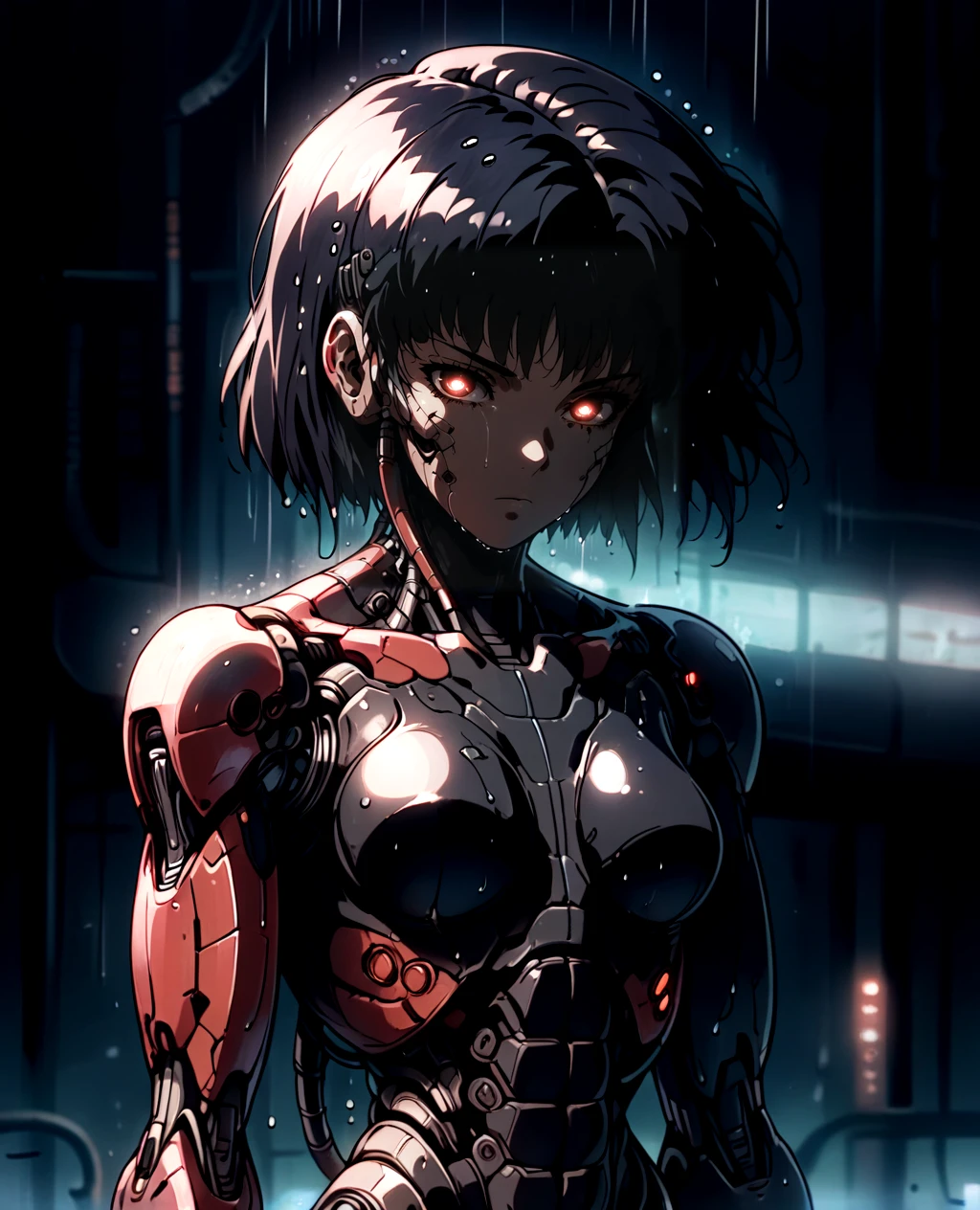 1girl, solo, cyborg, deep red eyes, warm skin color, short hair, cable, science fiction, breasts, mechanical parts, glowing spots on body, looking at viewer, upper body, android, black hair, robot joints, closed mouth, bangs, dark theme, glow, neon, wet, rain, night, soft expression, cyberpunk art, neogeo, saturated, high contrast, halftone effect <lora:RetroAnimeRedux_epoch_10:1> <lora:OldAnimeStyle_XL_v3:.5> Vintage, 1990s \(style\) <lora:retanime:.8> retanime <lora:mecha:.6> mecha