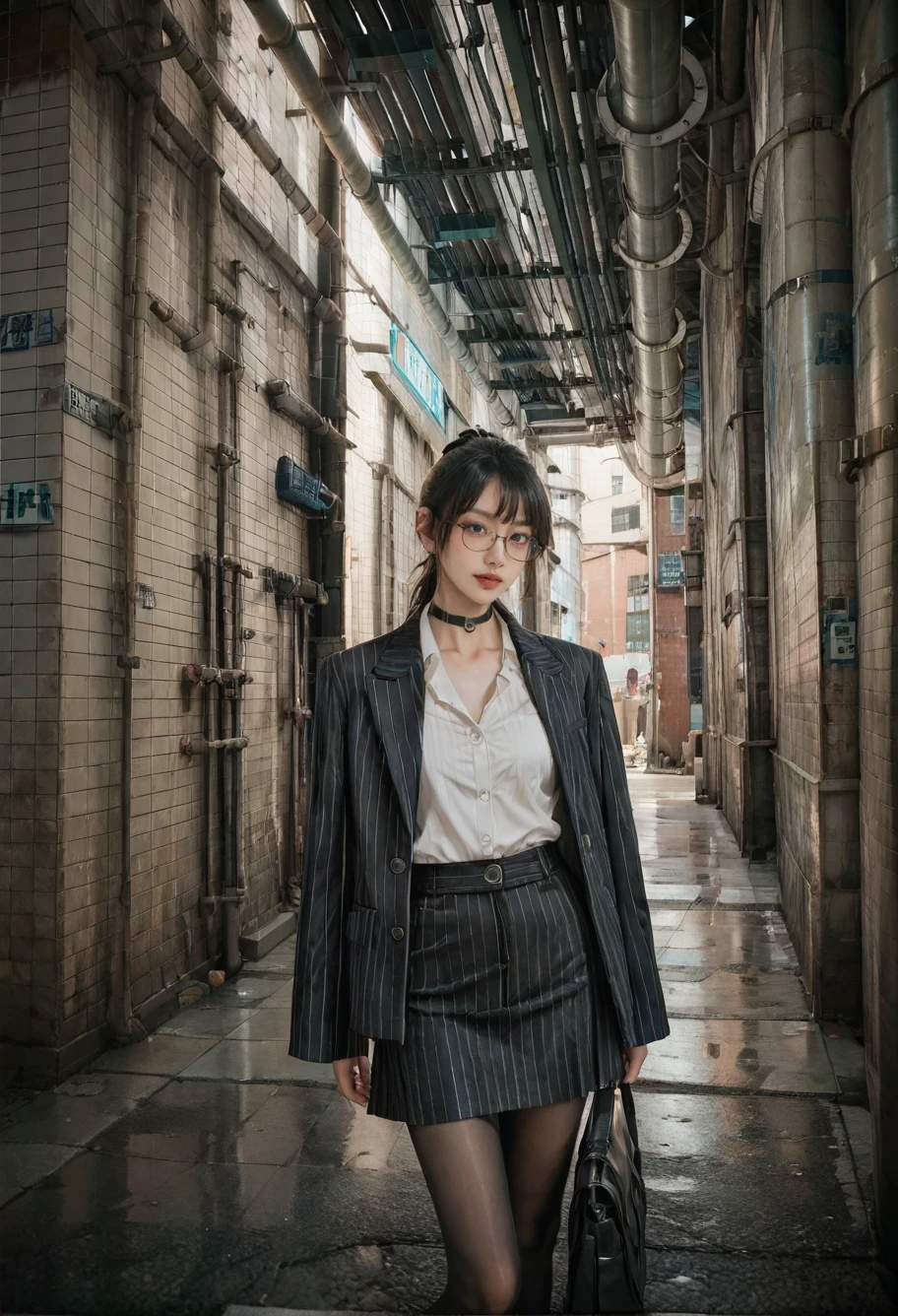 ,ruanyi0888,industrial pipe,alley,,ruanyi0856,striped jacket,choker,black pantyhose,striped skirt,glasses,black skirt,pinstripe pattern,
cowboy shot,<lora:0888 aisle_v1_pony:0.8>,<lora:0856 OL professional suit skirt 1_v1_pony:0.7>, score_9,score_8_up,score_7_up,,8k,1girl,solo,,