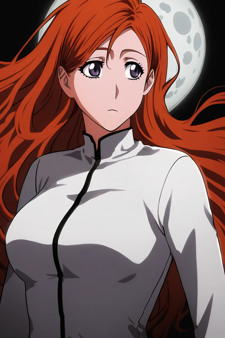 <lora:vslinx_orihime:1> outfit_espada, vslinxorihime, solo, breasts, simple background, closed mouth, purple eyes, upper body, floating hair, expressionless, black background with moon in the distance, background, grey eyes, big boobs