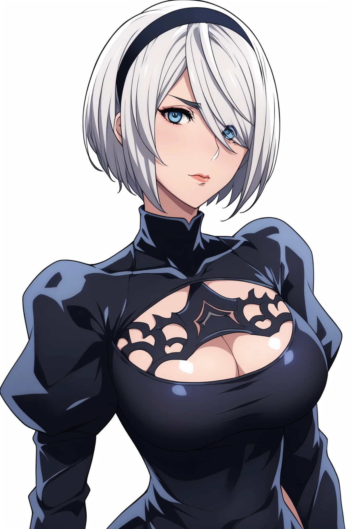 Simple Background,(White_Background:1.1),
dynamic pose,standing at attention,
Black outfit,long sleeves, turtleneck, juliet sleeves, feather-trimmed sleeves, cleavage, cleavage cutout, clothing cutout,
<lora:2B_NieRAutomata_anime-KK77-V1:0.7>,2B_NieRAutomata,
blue eyes, white hair,bangs,short hair,Makeup, red lipstick, Black hairband,hair over one eye, 
<lora:more_details:0.1>,<lora:NovelAI_YesMix5_KKStyle-KK77-Yes5-V1:0.3>,<lora:Oda_Non_Style2-KK77-Yes5-V1:0.3>,
1 girl, 20yo,Young female,Beautiful long legs,Beautiful body,
Beautiful Nose,Beautiful character design, perfect eyes, perfect face,expressive eyes,perfect balance,
looking at viewer,(Focus on her face),closed mouth, (innocent_big_eyes:1.0),(Light_Smile:0.3),
official art,extremely detailed CG unity 8k wallpaper, perfect lighting,Colorful, Bright_Front_face_Lighting,White skin,
(masterpiece:1.0),(best_quality:1.0), ultra high res,4K,ultra-detailed,
photography, 8K, HDR, highres, absurdres:1.2, Kodak portra 400, film grain, blurry background, bokeh:1.2, lens flare, (vibrant_color:1.2),professional photograph,
(Beautiful,large_Breasts:1.4), (beautiful_face:1.5),(narrow_waist),