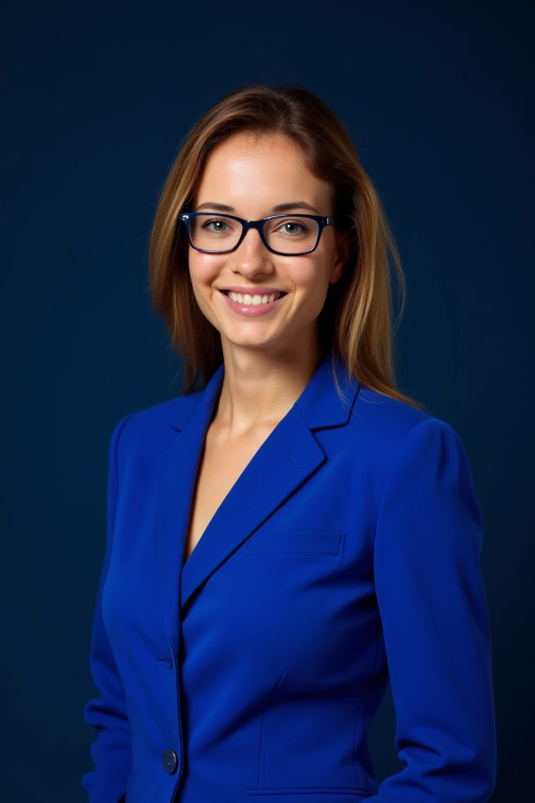 A professional portrait of full body woN4t4ndr3, she is wearing a vibrant blue suit, glasses, her hair is neatly combed, the background is a solid navy color, the lights are studio quality lights that highlights her facial countours. She photo conveys a sense of authority and approachability. Her attire and pose suggests formality and professionalism