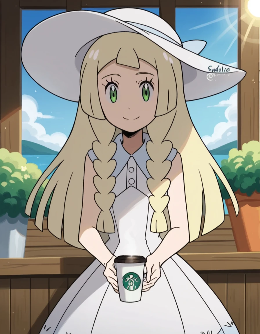 score_9, score_8_up, score_7_up, source_anime, <lora:pokemon-lilie-anime-ponyxl-lora-nochekaiser:1>, lillie \(pokemon\), blonde hair, blunt bangs, green eyes, long hair,, braid, collared dress, dress, hat, sleeveless, sleeveless dress, sun hat, sundress, twin braids, white dress, white headwear,, cafe, coffee cup, barista, sitting down, talking, relaxing, sunlight through window, smile, looking at viewer, solo,, cowboy shot, dutch angle