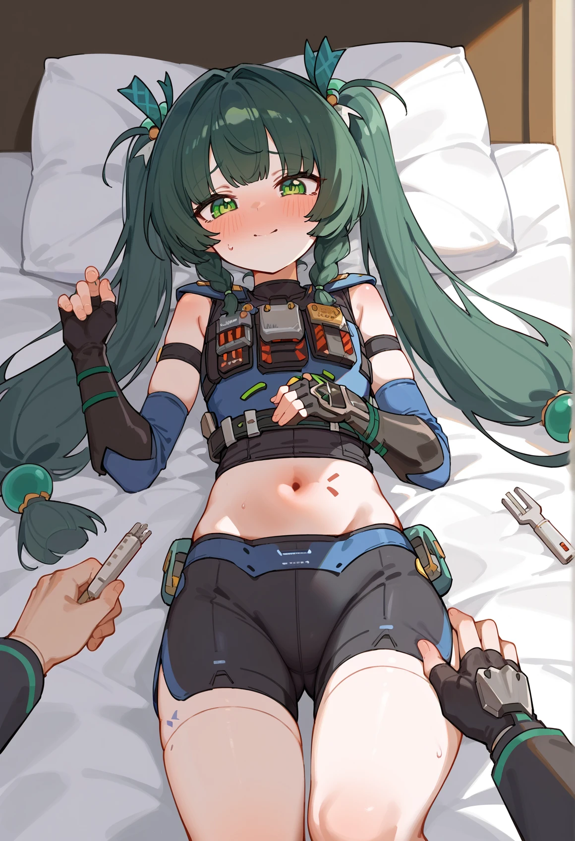 1girl, very long hair, green hair, green eyes, twintails, hair ornament, body markings, humanoid robot, robot joints, armor, load bearing vest, pouch, sleeveless, gauntlets, fingerless gloves, shorts, barefoot, laying, on back, indoors, bed, bedroom sheets, nervous smile, pov hand, holding screwdriver <lora:Qingyi_ZZZ:1>, score_9, score_8_up, score_7_up, score_6_up, score_5_up, score_4_up, BREAK source_anime, masterpiece