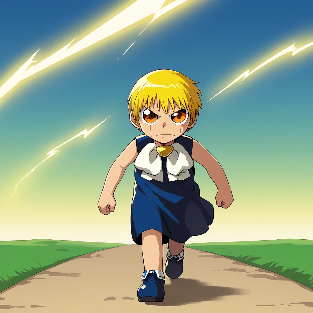 score_8_up, BREAK, ZatchBell, 1boy, solo, blonde hair, short hair, orange eyes, blue cloak, sleeveless, white bow, blue  footwear, full body, walking, yellow lightning,  <lora:ZatchBell_PXL_Leaf1:1>, outdoors,