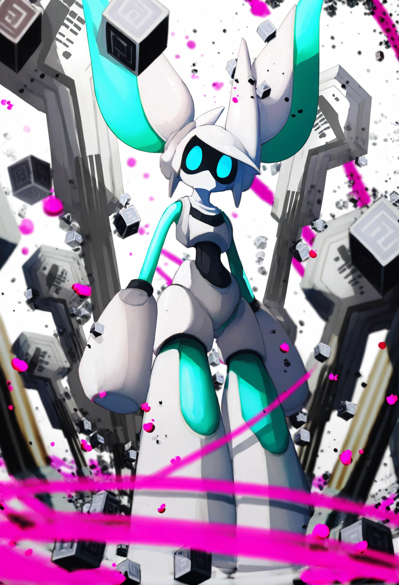 masterpiece, best quality,robot, no mouth, humanoid robot, solo, twintails, robot joints, 1girl, aqua eyes, looking at viewer, joints, floating, white hair, android, blue eyes, animal ears, full body 
<lora:OsuXLlokr4f-000185:0.95>