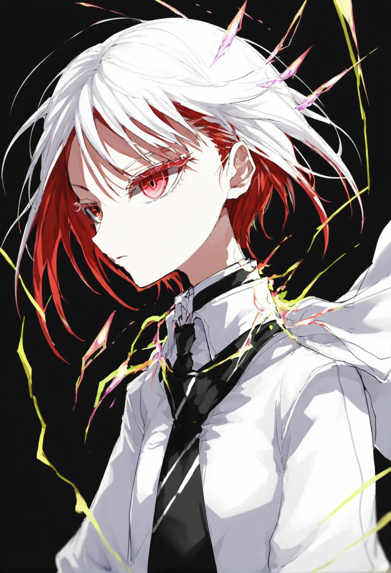 masterpiece, best quality,1other, solo, red hair, gem uniform \(houseki no kuni\), red eyes, necktie, other focus, androgynous, short hair, shirt, black necktie, collared shirt, colored eyelashes, closed mouth, white shirt, crystal hair, profile, black background, upper body, from side, jacket 
<lora:OsuXLlokr4f-000185:0.95>