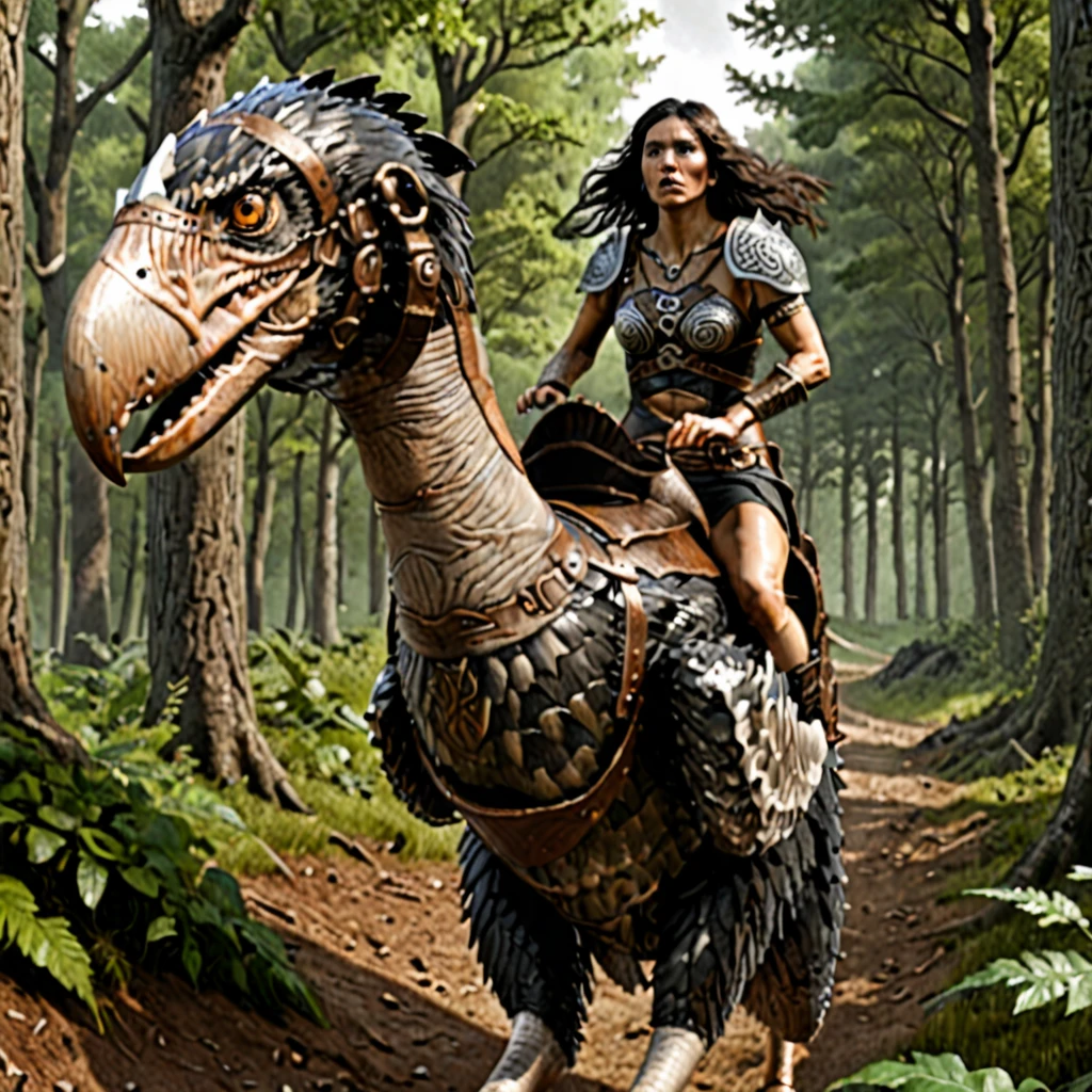 Terror bird, woman riding terror bird, dark hair, leather armor, celtic warrior, celtic, running, forest, detailed face, face focus, fantasy art,  <lora:Terror_Bird_ark_SDXL:0.8>