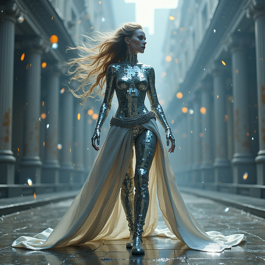 A celestial female warrior made entirely of mirrors squares, similar to a disco ball, reflecting its surroundings