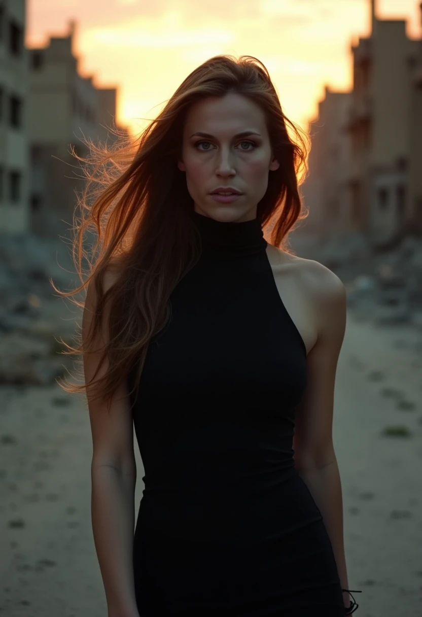 A cinematic photo of (Xev Bellringer with makeup) with long brown hair wearing a black high-neck dress, as she strides confidently through a desolate, dark post-apocalyptic cityscape, capturing the stark juxtaposition of beauty and decay, with the model's flawless skin glowing like a beacon of hope amidst the ravaged urban landscape. photographed with a shallow depth of field to blur the bleak surroundings, emphasizing her striking, rebellious pose. full body, golden hour.