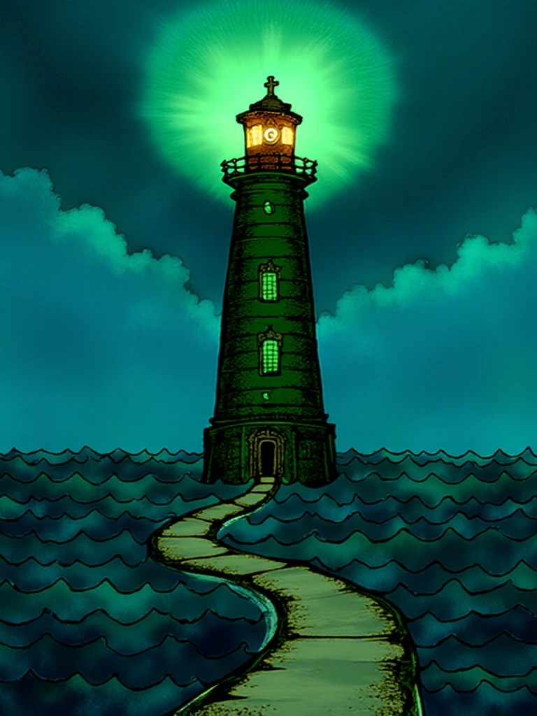 <lora:Marvelous_Misadventures_of_Flapjack_Style_-_FLUX:1> marvelous_flapjack, A mysterious, towering lighthouse looms over the churning sea, its light flickering like a dying candle. Inside, an eccentric lighthouse keeper with a clockwork eye and a peg leg claims to guard a secret that could change the fate of the entire town. He offers to share the secret with anyone brave enough to bring him a jar of the legendary, glowing sea pickles found only in the darkest depths of the ocean.