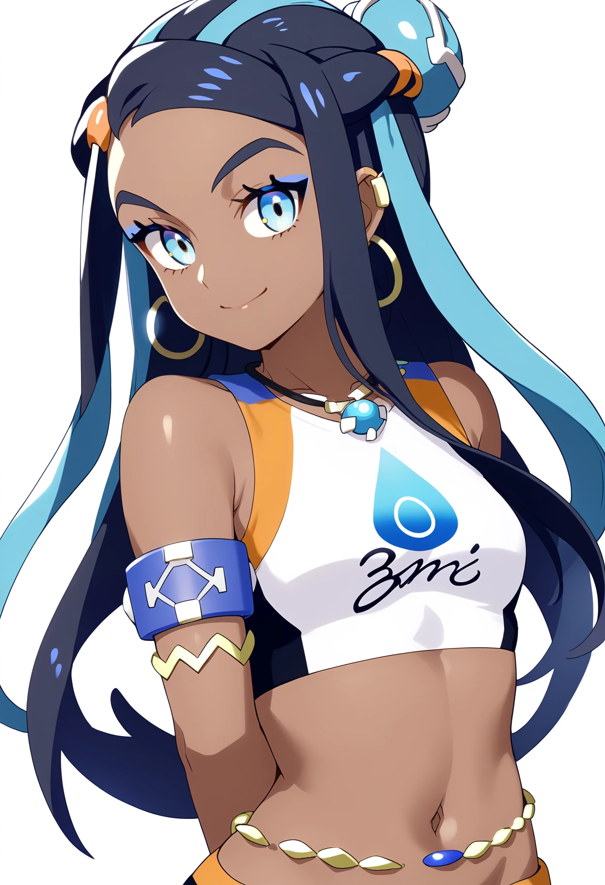 score_9, score_8_up, score_7_up, BREAK,
1girl, nessa, black hair, blue hair, long hair, multicolored hair, blue eyes, blue hair,dark skin, single hair bun,
armlet,  crop top, hoop earrings, necklace, midriff, navel, belly chain,
arms behind back, smile, upper body, standing, looking at viewer, solo, simple background, white background   <lora:NessaXL:1>