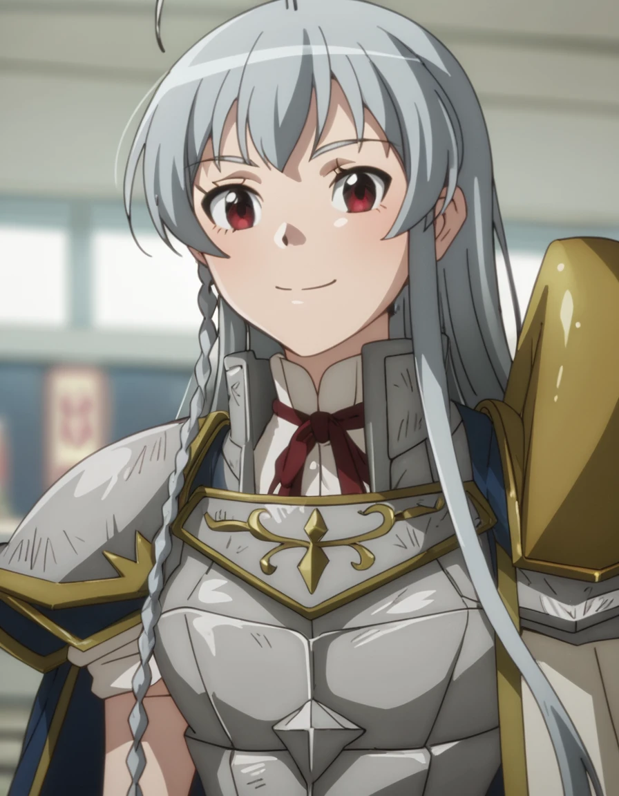 <lora:DevilPartTimer:1>, score_9, score_8_up, score_7_up, score_6_up, score_5_up, score_4_up, source_anime,  , smile, portrait Emilia_OldWorld, long hair, skirt, red eyes, braid, ahoge, grey hair, armor, bike shorts, shoulder armor,