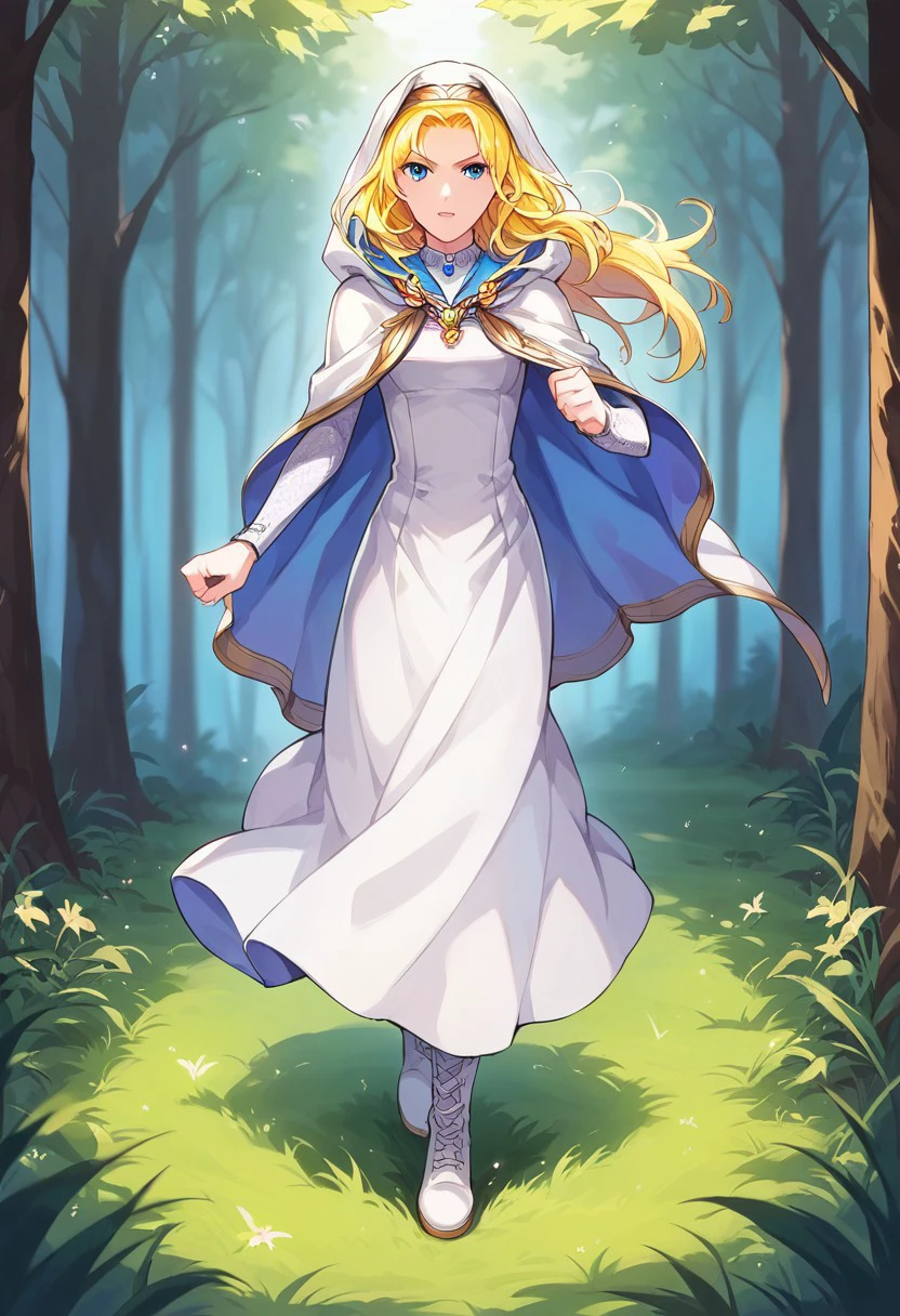 1girl, solo, alone, score_9, score_8_up, score_7_up, masterpiece, high quality, source_anime, very detailed, depth of field, cinematic illumination, full color picture, vibrant colors, solo, alone,
NatFEH, blonde hair, long hair, blue eyes, blue gemstone, gold brooch, two-sided fabric, hooded cloak, white hood, hood up, white cloak, blue cloak, long sleeves, white dress, long dress, white footwear, white boots,
standing, facing forward, full body, open field, forest, grass, action pose, combat stance, bright, sunny day,