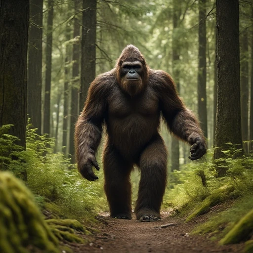 bigfoot walking through the forests of the pacific northwest. he is turning his head to look at the viewer as he walks from left to right in the image.