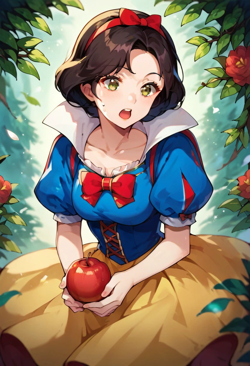 score_9, score_8_up, score_7_up, source_anime, snow white (grimm), holding fruit, red bow, puffy short sleeves, ribbon, collarbone, holding food, hairband, open mouth, skirt, red flower