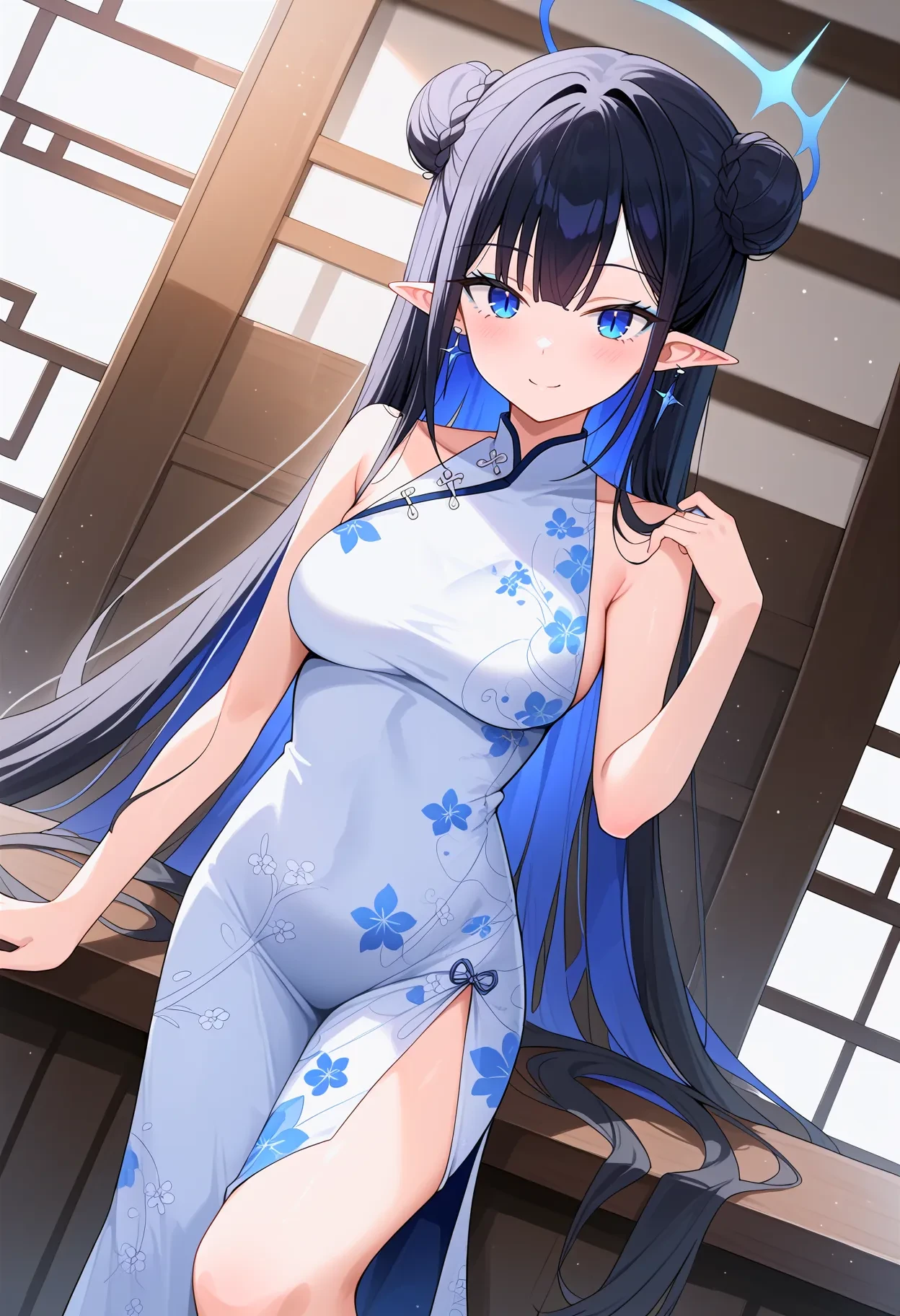 r_nanakami, score_9, best quality, rating_safe,
blue eyeliner, slit pupils, 1girl, alternate costume, black hair, blue eyes, blue hair, closed mouth, colored inner hair, cowboy shot, china clothes, china dress, long skirt, dutch angle, hair bun, double bun, earrings, blue halo, jewelry, medium breasts, lens flare, long hair, looking at viewer, multicolored hair, indoors, pointy ears, smile, solo, standing, thighs, very long hair, floral print clothes
<lora:r_nanakamiXL_pony:1>