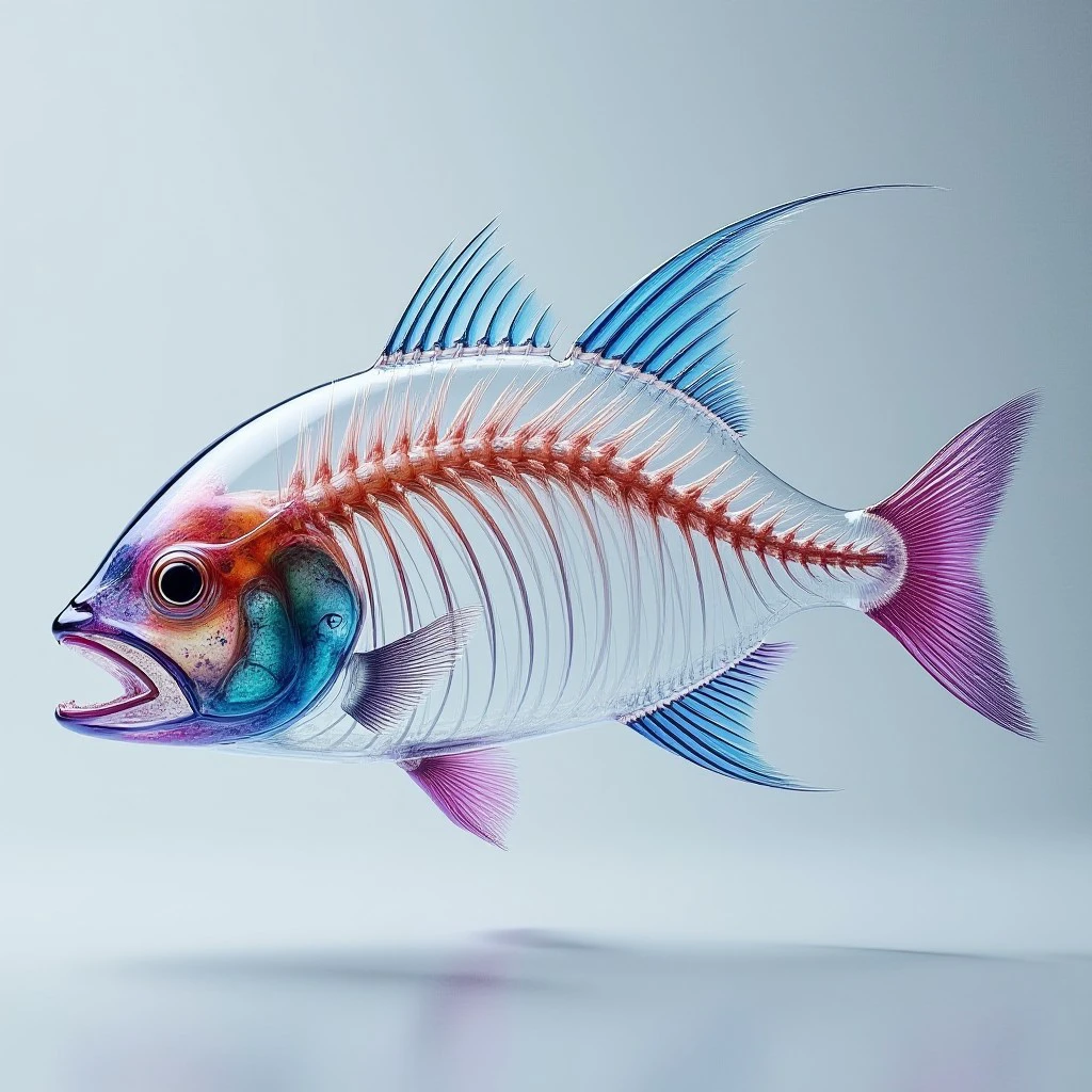 Transparent skeletal specimen, a fish skeleton with a pink and blue tail