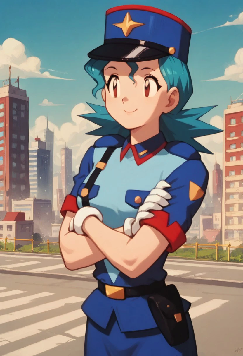 Score_9_up, score_8_up, score_7_up, BREAK, 1girl, oficjennp, teal hair, brown eyes, police uniform, skirt, white gloves, arms crossed, smile, city,