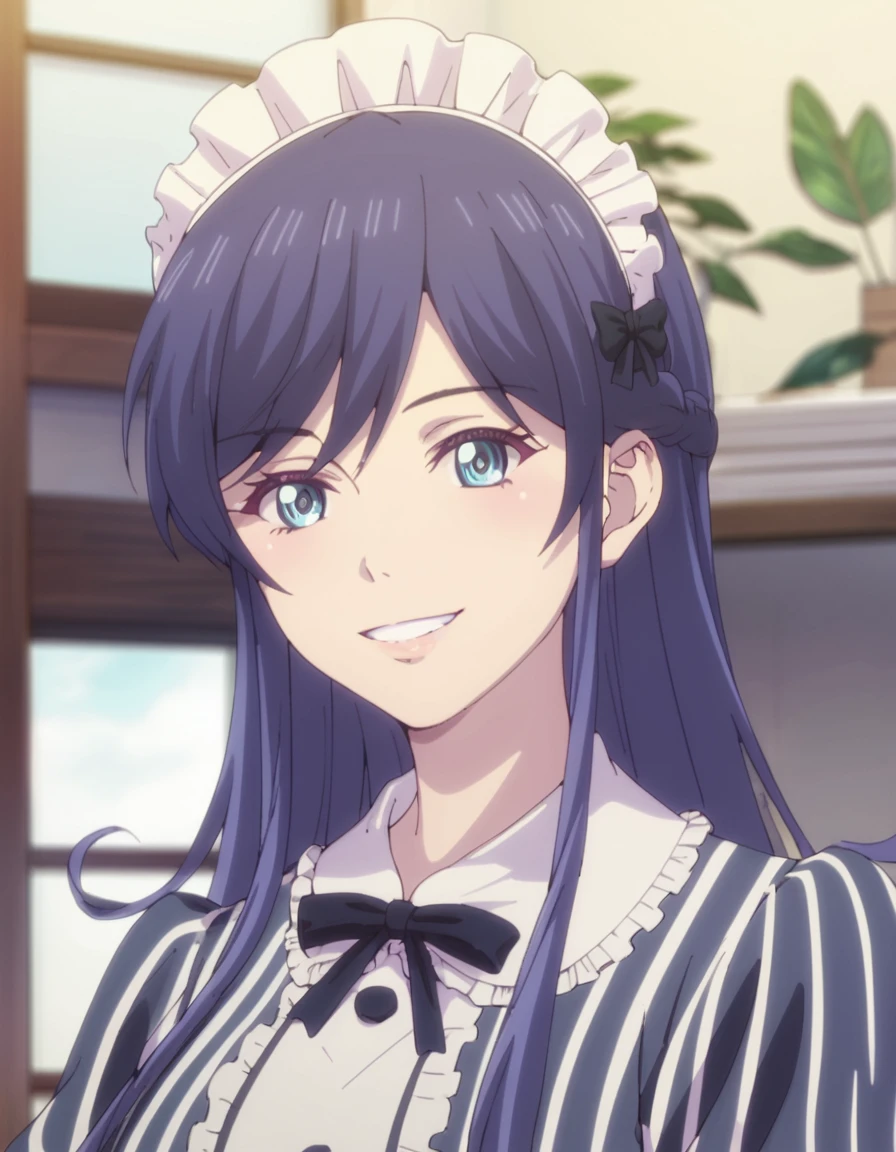 <lora:CafeTerraceGoddesses:1>, score_9, score_8_up, score_7_up, score_6_up, score_5_up, score_4_up, source_anime,  , portrait, smile,  Hayatos, long hair, blue eyes, blue hair, maid,