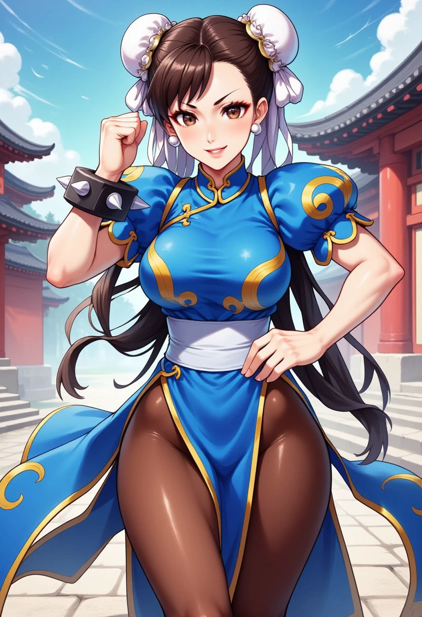 Anime image of Chunli wearing a classic blue dress, pantyhose, pelvic curtain, spiked bracelet, battle stance, temple background,