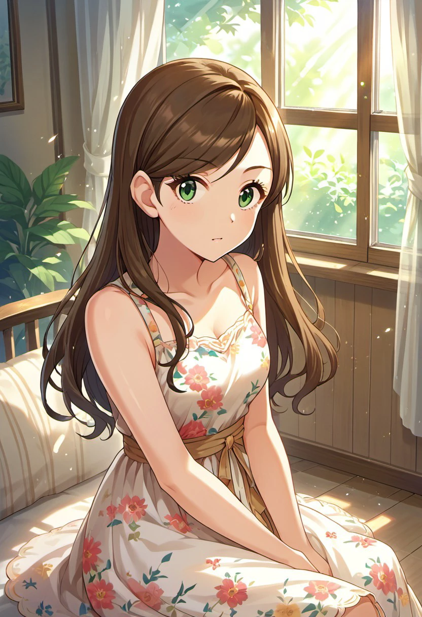 score_9, score_8_up, score_7_up, source_anime, etou misaki, brown hair, long hair, green eyes, 1girl, curtains, solo, window, dress, floral print, swept bangs, light particles, jewelry, sunlight, indoors, sitting