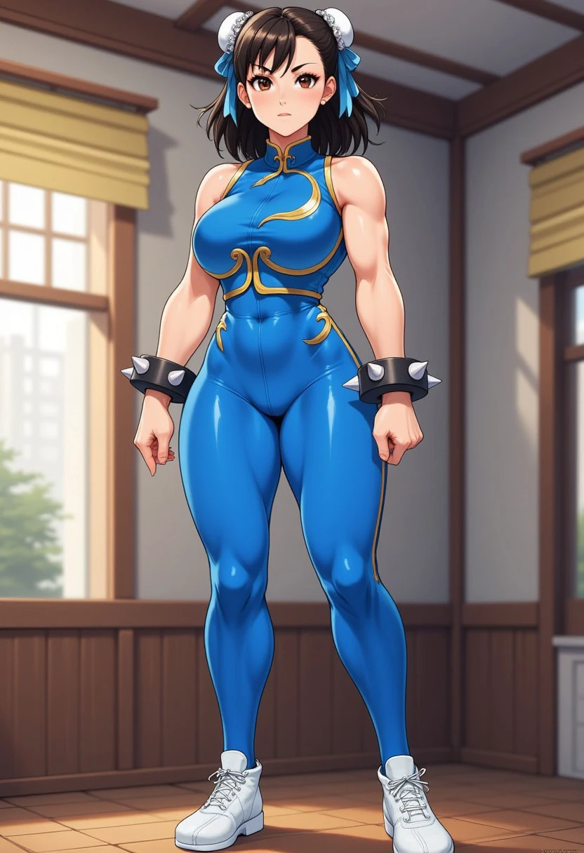 Anime image of Chunli wearing blue sleeveless halter top, blue-full-leotard covering her body and legs, hands on hips, spiked bracelet, full body, indoors