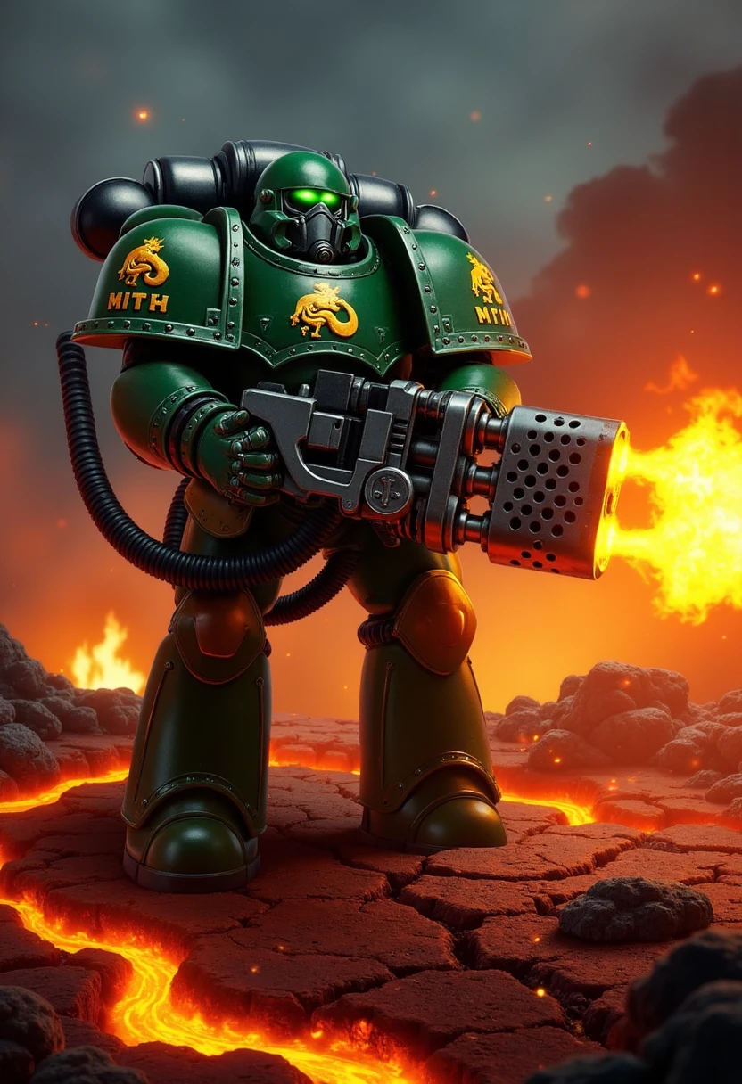 A Space Marine clad in striking green armor adorned with intricate dragon motifs strides purposefully across the treacherous surface of a volatile volcano planet, the ground beneath his armored boots cracking and glowing with molten lava. The sky above is dark and churning, filled with ash clouds and fiery embers that drift through the air like glowing coals. Rivers of lava flow around him, casting an ominous red-orange light that reflects off the polished scales and dragon symbols etched into his armor.

In his hands, he wields a massive heavy flamer, its nozzle glowing with intense heat as it unleashes a torrent of scorching fire. The flames roar like a living dragon's breath, consuming everything in their path—melting rock, incinerating hostile creatures, and turning the already hellish landscape into an inferno. The photorealistic detail captures the sheer power of the flamer, with flames licking the ground and sending plumes of superheated gas and ash into the air, creating a blazing halo around the Marine.

The Space Marine's visor glows with an emerald light, and his face, though unseen, radiates determination and focus. The green of his armor, contrasted with the fiery surroundings, gives him an almost mythical presence, as if he were a dragon himself, born of fire and steel. The dragon motifs on his armor seem to come alive in the flickering light, symbolizing his Chapter's unbreakable spirit and affinity with flame. The scene is a powerful testament to the Marine's mastery over fire, his presence as unyielding as the planet's molten core, as he purges the volcanic world of all who dare stand against him.