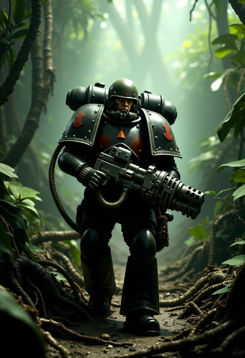 An Imperial Guardsman trudges through the dense, humid jungle, the weight of the heavy flamer slung over his shoulder contrasting with the oppressive, sweltering heat that hangs thick in the air. The jungle is alive with the sounds of alien wildlife—distant, eerie calls and the rustling of leaves—creating an atmosphere of constant tension as every shadow and movement could conceal danger. The thick canopy above allows only slivers of sunlight to pierce through, casting dappled patterns of light and shadow on the jungle floor, which is thick with tangled roots, mud, and underbrush.

The Guardsman’s uniform is damp with sweat, and his face is streaked with dirt and exhaustion, yet his eyes remain sharp and vigilant, scanning the dense foliage for any sign of movement. The heavy flamer, a formidable weapon of destruction, gleams faintly in the dim light, its nozzle occasionally brushing against the large, broad leaves as he pushes forward. The photorealistic detail emphasizes the ruggedness of his gear—the straps digging into his shoulders, the worn, mud-splattered boots, and the various pieces of equipment clinking softly with each step.

Despite the jungle’s oppressive atmosphere, the Guardsman moves with a determined purpose, the flamer ready to unleash its fiery wrath at a moment’s notice. The tension is palpable, with the dense vegetation creating a claustrophobic environment that could erupt into violence at any second. Each step forward is measured and cautious, as the Guardsman navigates the treacherous terrain, fully aware that the enemy could strike from any direction in this alien wilderness. The scene captures the relentless perseverance of the Imperial Guard, pushing through even the most inhospitable environments with unwavering resolve.