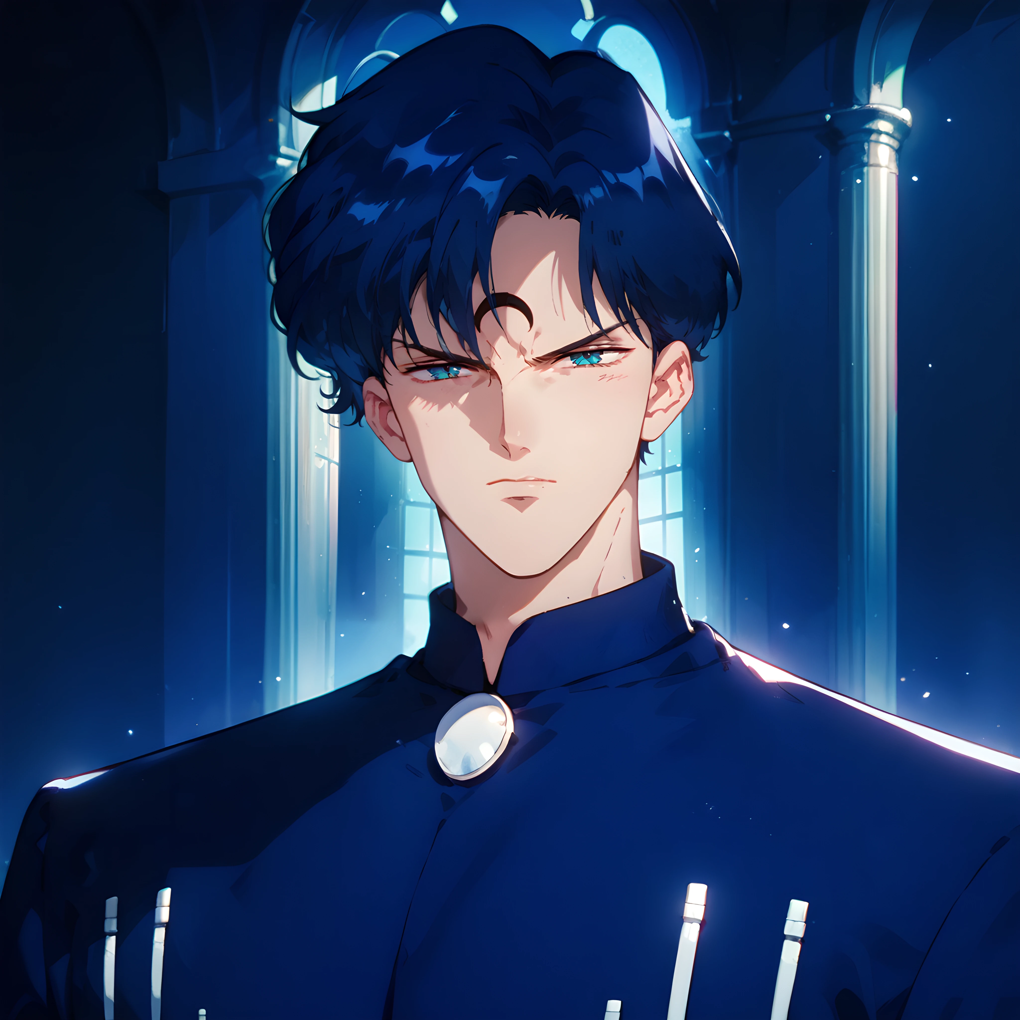 score_9, score_8_up, score_7_up, score_6_up, score_5_up, score_4_up, 1boy, male focus, looking at viewer, <lora:Sapphire_Sailor_Moon:1> sapphire, glaring, blue hair, blue eyes, crescent facial mark, lots of details, best aesthetic, masterpiece, best quality, absurdres