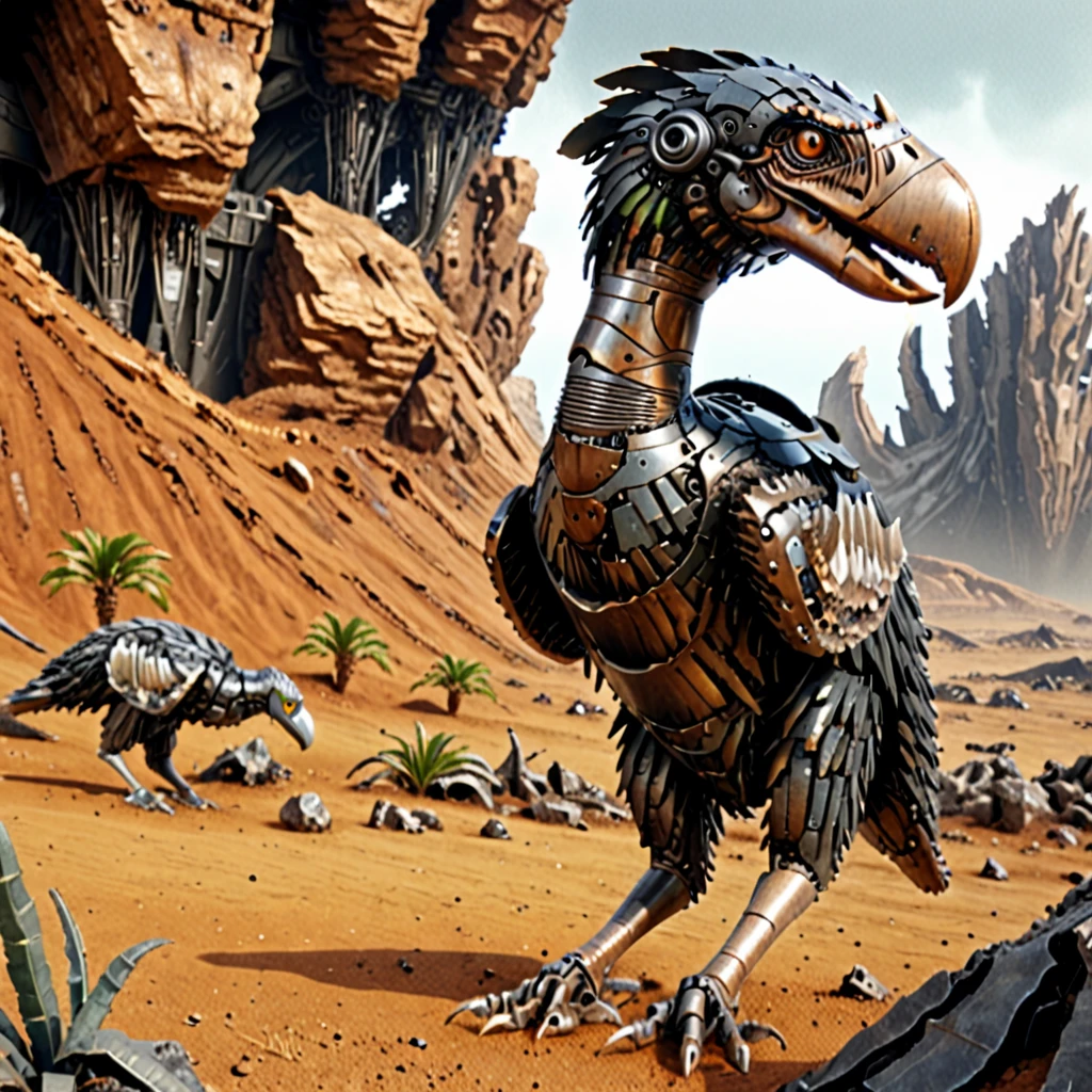 Terror bird, sci-fi, alien landscape, robotic terror bird, roboticizer, <lora:Terror_Bird_ark_SDXL:0.8>,  <lora:Roboticizer:1>