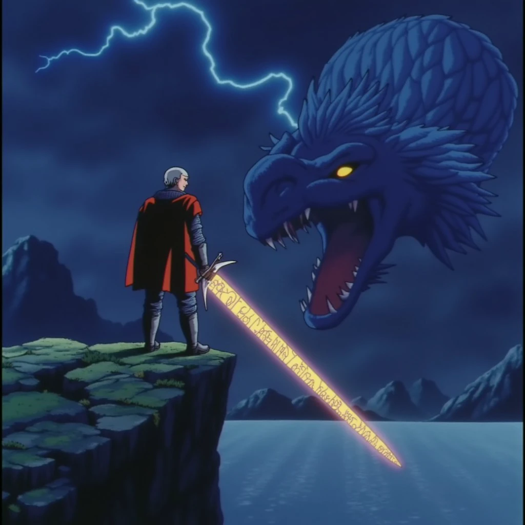 Anime screencap, a valiant knight standing atop a jagged cliff, his sword glowing with ancient runes that pulse with a mystical light. In the background, a massive dragon roars, its scales shimmering in the stormy night as lightning splits the sky, casting an eerie glow over the scene. Retro anime style