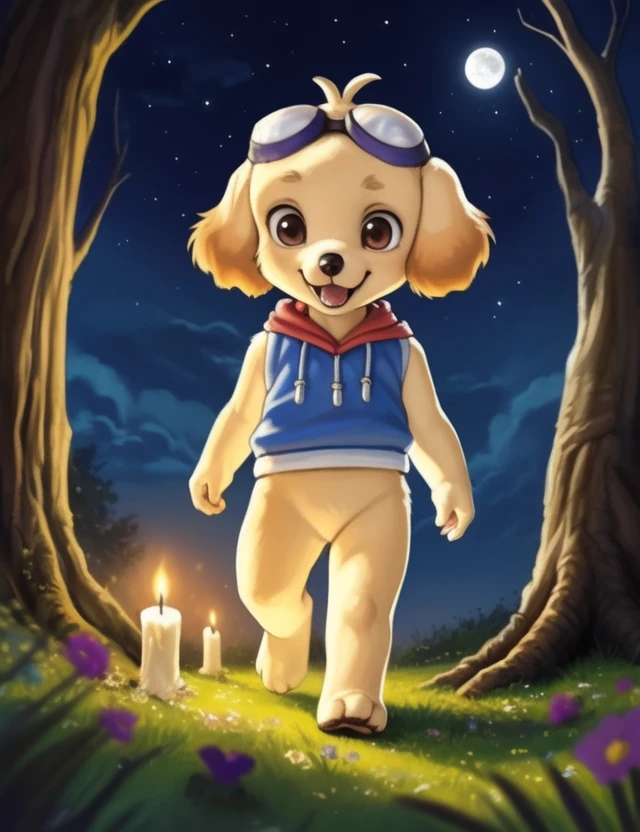 <lora:TetsunoshinDogYif:1>  TetsunoshinDog, Toy Poodle, Dog, Blue vest, red collar, glasses on the head, (chibi,)
looking down at viewer,  [ forest with , ((night)), moon, trees, stars,] happy, (walking )
[ large window, (nature), forest, grass, day shining, clouds, flowers, blanket, blue pillows, candles, bed, pillows, ]
(beautiful, aesthetic, perfect, delicate, intricate), masterpiece, digital drawing, best quality, AS-YoungerV2:0.6, AS-YoungestV2:0.5,
[by kenket|by totesfleisch8], by thebigslick:by silverfox5213:0.8], [by syuro, by paloma-paloma::0.2, (Tricksta, TotesFleisch8)