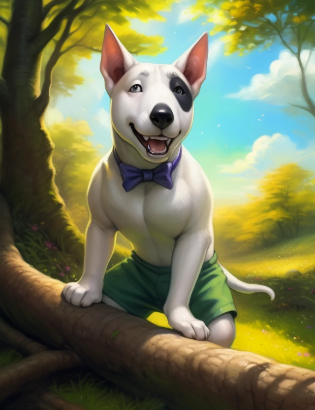 <lora:PochiDogTetsuYif:1> PochiDogTetsu, Bull terrier, green shorts, bow tie, black spot on the eye, (chibi,)
 Looks at the viewer, (grin, leaning forward)
[ large window, (nature), clouds  ]
 (beautiful, aesthetic, perfect, delicate, intricate, saturated colors), masterpiece, digital drawing, best quality, 
[by kenket|by totesfleisch8], by thebigslick:by silverfox5213:0.8], [by syuro, by paloma-paloma::0.2, (Tricksta, TotesFleisch8)