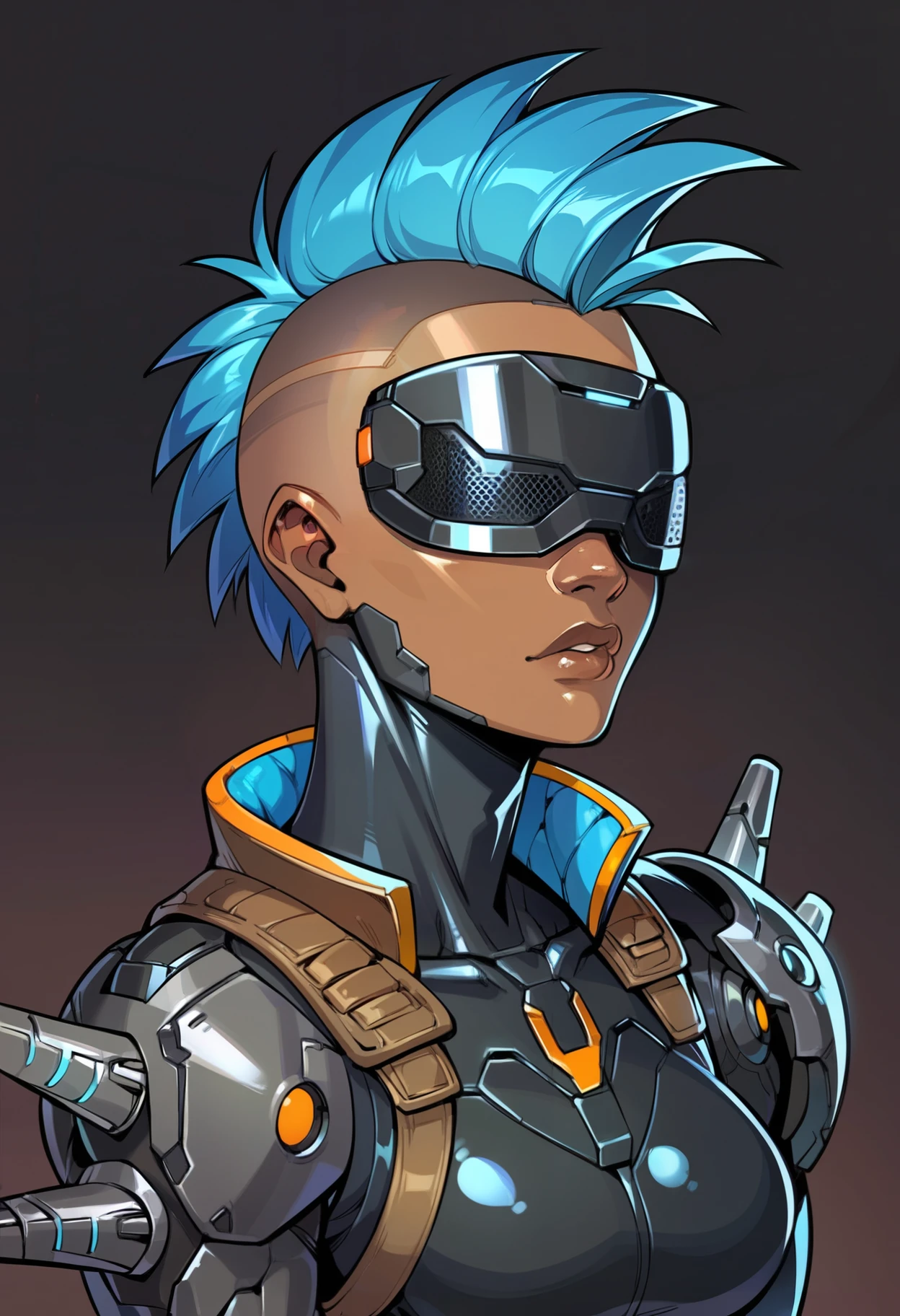 score_9,score_8_up,score_7_up,score_6_up,1girl,solo,dark background,(upper body:1.15),(portrait:1.4),(eye_focus:1.5),black bodysuit,science fiction,blue hair,mohawk,belt pouch,armor,dark-skinned female,no eyes,hidden eyes,shoulder spikes,visor,blue lips,black gloves,cyborg,mechanical legs,medium breasts,boots,full body,       <lora:MyTrainings\Temp\Mad_Maggie_Outlawed_Tech_XL_Pony_ARZUMATA-000009.safetensors:0.5>