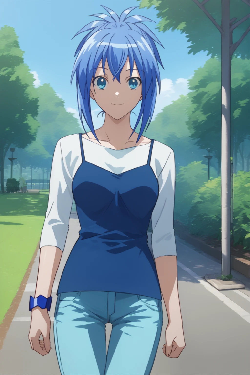 score_9, score_8_up, score_7_up, source_anime, <lora:Natsuru Senou:1>, NatsuruChan, blue hair, medium breasts, cowboy shot, blue bracelet, NatsuruCasual, white undershirt, blue camisole, light blue capris, jeans, outdoors, park, smile, looking at viewer