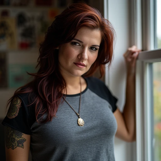 grey and black t-shirt and a necklace, blurry background, right hand holding a window, red hair, black t-shirt