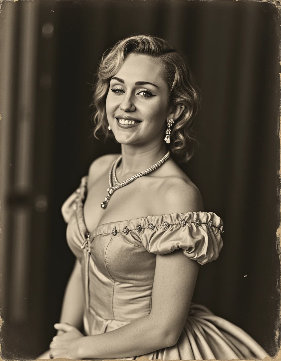 Miley Cyrus, winking one eye while wearing a 1800s gown, first photograph ever taken... ever