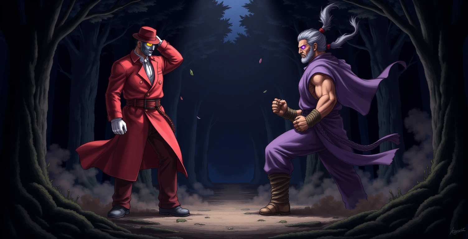 q \(street fighter\) vs. akuma \(street fighter\), a deep and complex multi-layered painting, a dark forest late night with wind and leaves floating through the swaying forest, height difference where q \(street fighter\) is considerably taller than akuma \(street fighter\), 


facing to the side, from front, from side, 2boys, 
q \(street fighter\), red fedora, white gloves, q wearing metal helmet mask, white dress shoes, red trench coat, red tie, white undershirt, red pants, glowing yellow eyes, white aura, red belt, arms above head, flexing his chest outward as a dust shockwaves outward from him,

akuma \(street fighter\), grey hair, tied hair, glowing purple eyes, akuma wearing tengu mask, fists, black belt, purple gi, rope fist wraps, traditional wooden sandals, evil scowl, prayer bead necklace, prayer beads around neck, preparing for battle, powering up, karate stance, one arm up, one arm down, offensive stance, grey beard, purple aura, 


he says with fury and rage "I am Gouki, and I will teach you the meaning of pain" is displayed in red inkblot text as akuma unleashes his built up aura, the shockwaves from his aura disrupt the forest but Q is completely unaffected