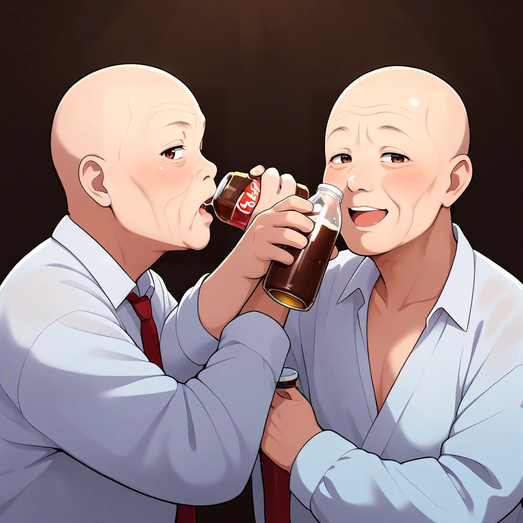 <lora:Love_shot_SDXL:0.7>,
two cartoon old men drinking, holding up a  cola, smile, open_mouth, cola bottle, looking at viewer, Love Shot, 
blush, smile, open_mouth, bangs, upper_body, alcohol, sleeves_rolled_up, short hair, bangs, grandfather, loose tie, alcohol, wrinkled skin, nasolabial folds, bald