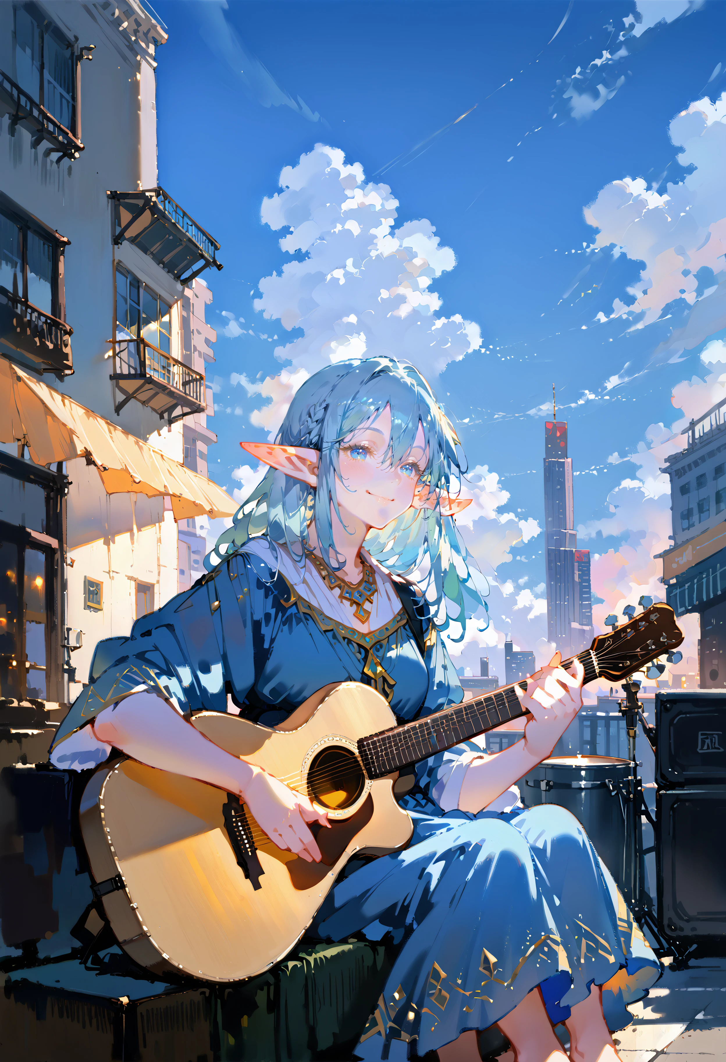 score_9, score_8_up, score_7_up, best quality, source_anime BREAK, EtherS, 1girl, playing instrument, pointy ears, sitting, blue hair, outdoors, blue dress, music, cloud, smile, cloudy sky, blue eyes, guitar, city, barefoot, building, hair between eyes, holding instrument, jewelry, necklace, closed mouth, long hair, elf, day, <lora:EtherLORA:1>