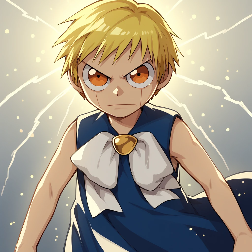 score_8_up, BREAK, ZatchBell, 1boy, solo, blonde hair, short hair, orange eyes, blue cloak, sleeveless, white bow, cowboy shot,  <lora:ZatchBell_PXL_Leaf1:1>, light particles, lightning, gradient background,