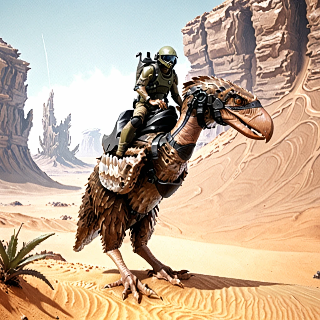 Terror bird, sci-fi, alien landscape, sci-fi soldier riding terror bird, sci-fi clothes, desert clothes, <lora:Terror_Bird_ark_SDXL:0.8>,