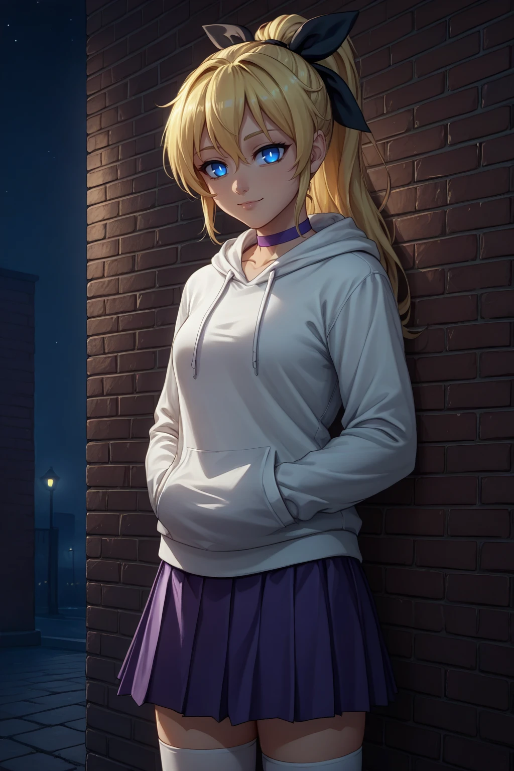 score_9, score_8_up, 1girl, solo, <lora:NSLillyKatawa:1> NSLillyMisc, blue eyes, blind, no pupils, blonde hair, long hair, ponytail, black hair ribbon, white hoodie, purple choker, purple skirt, white thighhighs, night, slight smile, brick wall