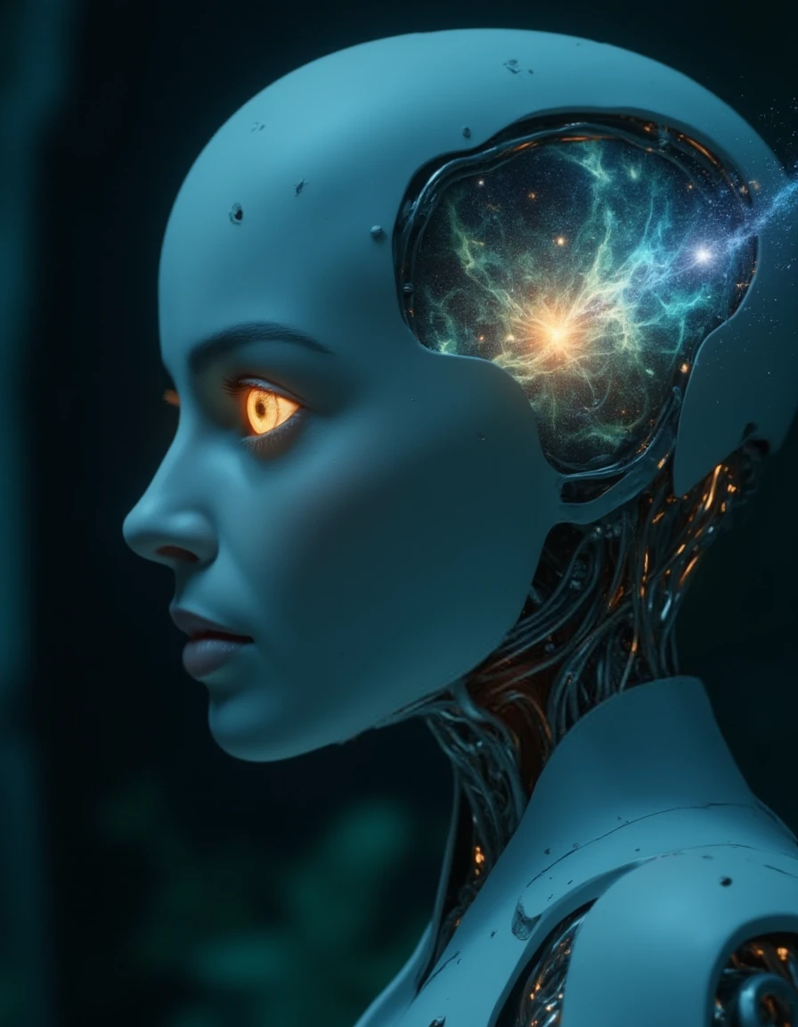 Anime screencap featuring a Minimalist and abstract side profile of a robot woman with a universe sprouting from her mind as she opens her eyes and attains consciousness for the first time in the dark. She has beautiful and intelligent bright orange eyes brimming with knowledge and benevolence. Mostly in hues of blue and green.   <lora:Margot_Robbie_2016_FLUX_v1-000037:1>