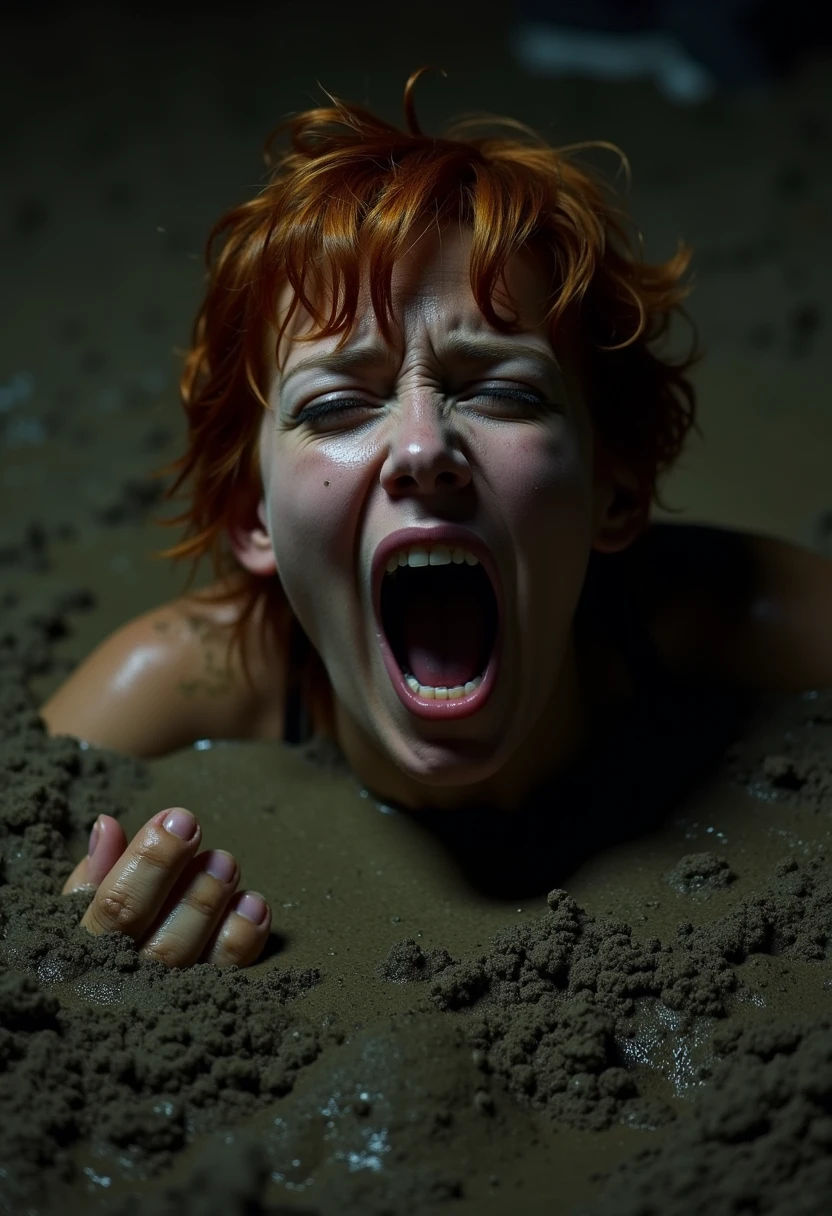 photo of a woman with short red hair, partially submerged in hud_quiks4nd, quicksand, mud, dirt, her face is dirty, it is night time, she is screaming for help, clawing at the dirt, She is facing the viewer, There is a cinematic element, camera view from above